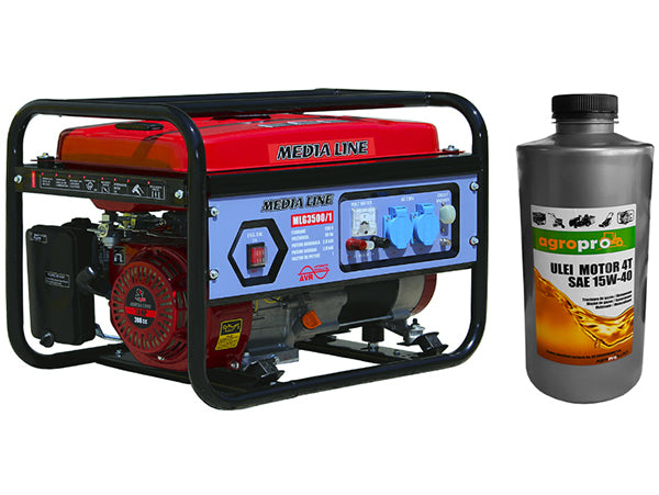 Pachet generator curent Media Line MLG 3500/2 putere 2.6 kW 230 V benzina pornire manuala AVR rezervor 15 L+ Ulei pentru motoare 4T AgroPro