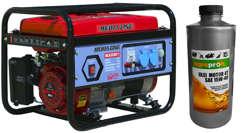 Pachet generator curent Media Line MLG 3500/2 putere 2.6 kW 230 V benzina pornire manuala AVR rezervor 15 L+ Ulei pentru motoare 4T AgroPro