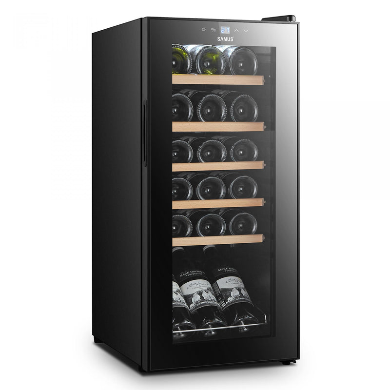 Racitor pentru vin Samus SRV55LMC 5 rafturi din lemn 50 litri capacitate 18 sticle clasa G termostat reglabil racire cu compresor iluminare interioara LED control tactil cu afisaj electronic 77 x 34.5 x 45 cm