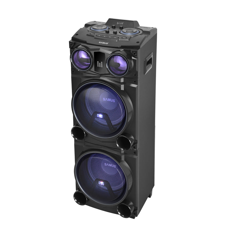 Boxa portabila Samus Fiesta 12 100 W Bluetooth USB slot card SD Aux in radio FM intrare microfon functie True Wireless Stereo negru microfon inclus telecomanda