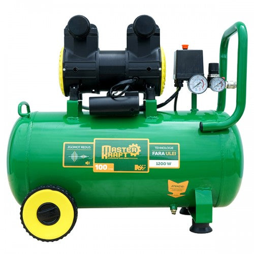 Compresor de aer 50L, 1.2 kW, 2 cilindri, fara ulei MasterKraft LSD-1600W/50 Silentios