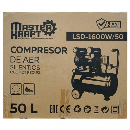 Compresor de aer 50L, 1.2 kW, 2 cilindri, fara ulei MasterKraft LSD-1600W/50 Silentios