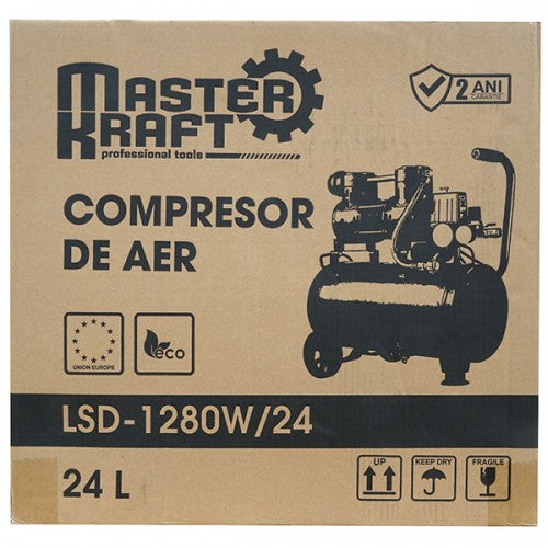 Compresor de aer 24L 0.7 kW 2 cilindri fara ulei MasterKraft LSD-1280W/24 Silentios