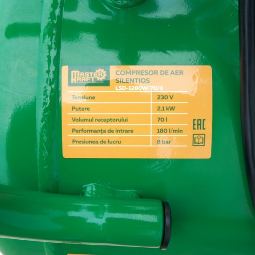 Compresor de aer 70L 2.1 kW 6 cilindri fara ulei MasterKraft LSD-1280W/70/3 Silentios