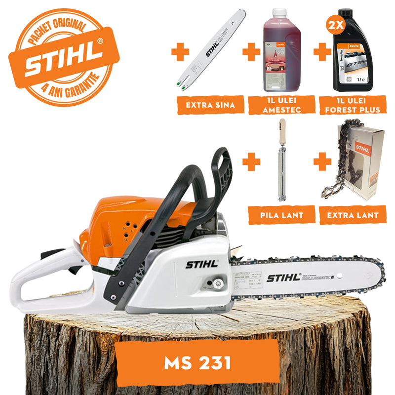 Motofierastrau STIHL MS 231 putere 2.7CP lama 40cm 1.3mm pas lant 3/8" + ulei amestec 2T 1L + ulei forest plus 2L + extra lant + extra sina + pila lant