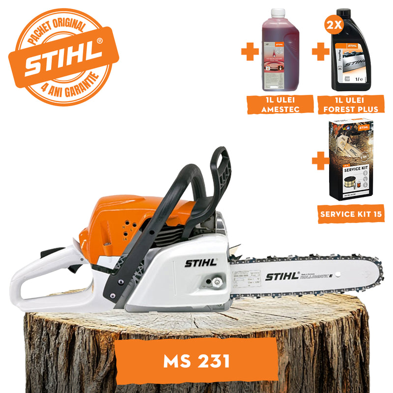 Motofierastrau STIHL MS 231 putere 2.7CP lama 40cm 1.3mm pas lant 3/8" + ulei amestec 2T 1L + ulei forest plus 2L + service kit 15