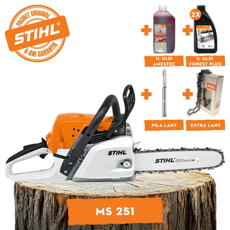 Motofierastrau STIHL MS 251 Putere 3 CP lama 40cm 1.3 mm pas lant .325" 23RS + ulei amestec 2T 1L + ulei forest plus 2L + extra lant + pila lant