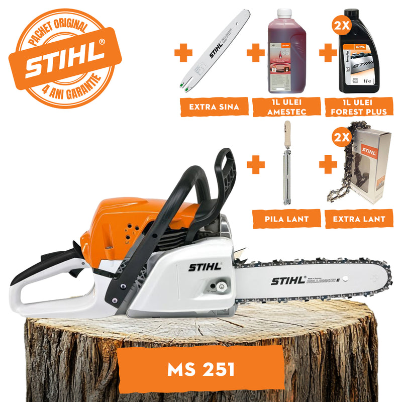 Motofierastrau STIHL MS 251 Putere 3 CP lama 40cm 1.3 mm pas lant .325" 23RS + ulei amestec 2T 1L + ulei forest plus 2L + 2x extra lant + extra sina + pila lant