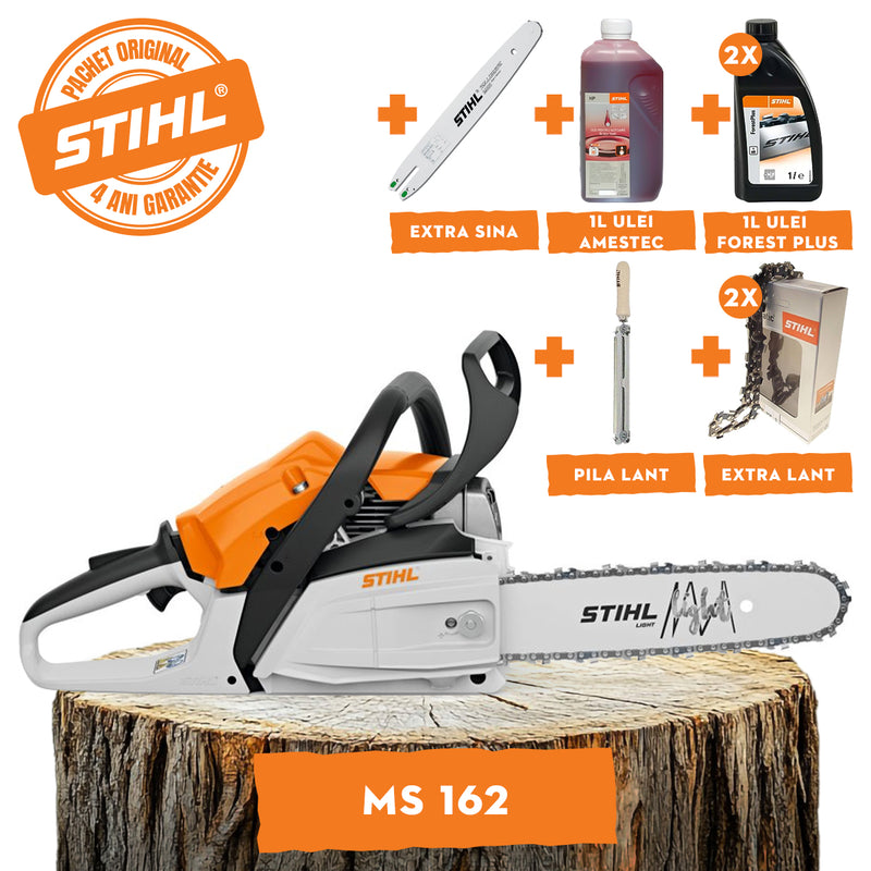 Motofierastrau STIHL MS 162 putere 1.6 CP lama 35 cm pas lant 3/8" 61PMM3 + ulei amestec 2T 1L + ulei forest plus 2L + 2x extra lant + extra sina + pila lant