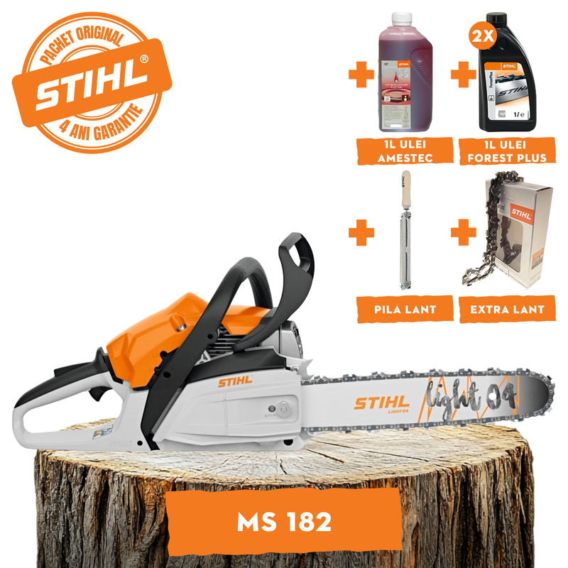 Motofierastrau STIHL MS 182 putere 2.2 CP lama 40 cm 1.3 mm pas lant 3/8"P + ulei amestec 2T 1L + ulei forest plus 2L + extra lant + pila lant