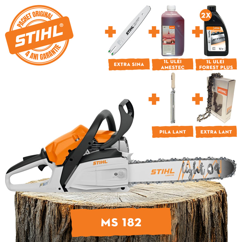 Motofierastrau STIHL MS 182 putere 2.2 CP lama 40 cm 1.3 mm pas lant 3/8"P + ulei amestec 2T 1L + ulei forest plus 2L + extra lant + extra sina + pila lant