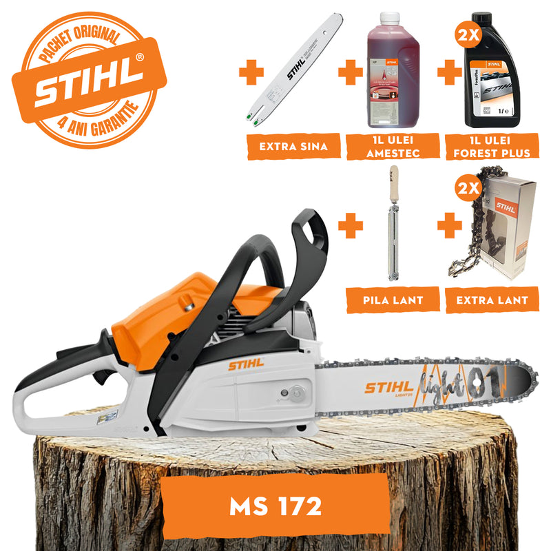 Motofierastrau STIHL MS 172 putere 1.9 CP lama 35 cm 1.1 mm pas lant 3/8"P + ulei amestec 2T 1L + ulei forest plus 2L + 2x extra lant + extra sina + pila lant