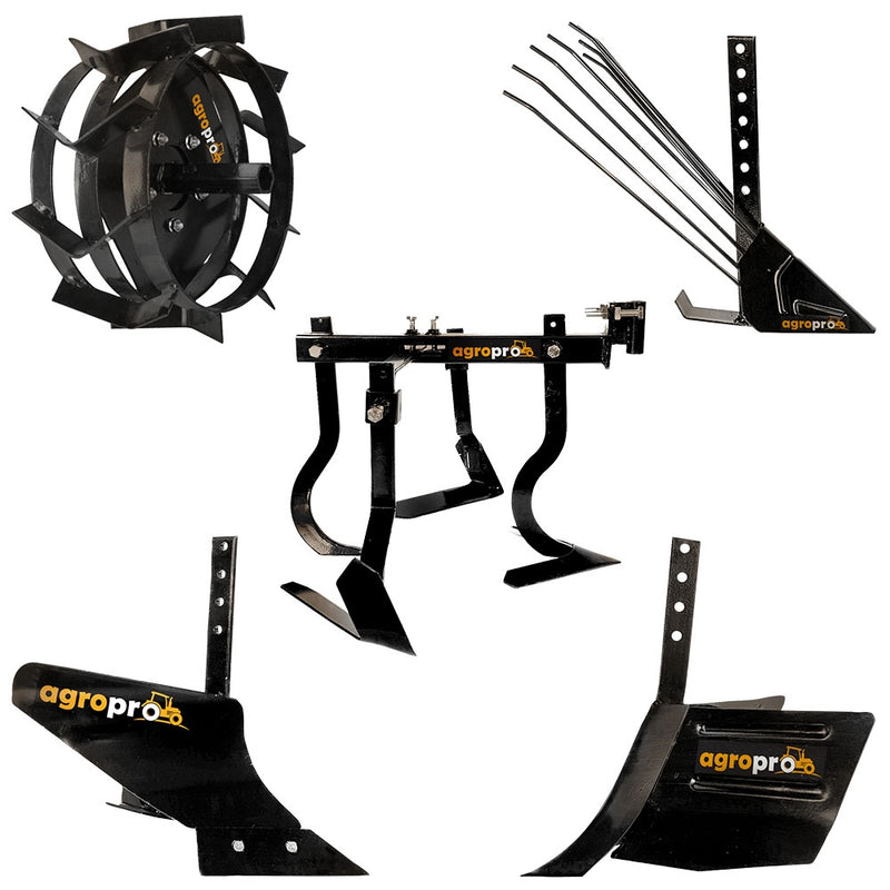 Set 5 Accesorii agricole AgroPro plug arat rarita reglabila plug cartofi cultivator roti metalice 35 cm manicot 23 mm