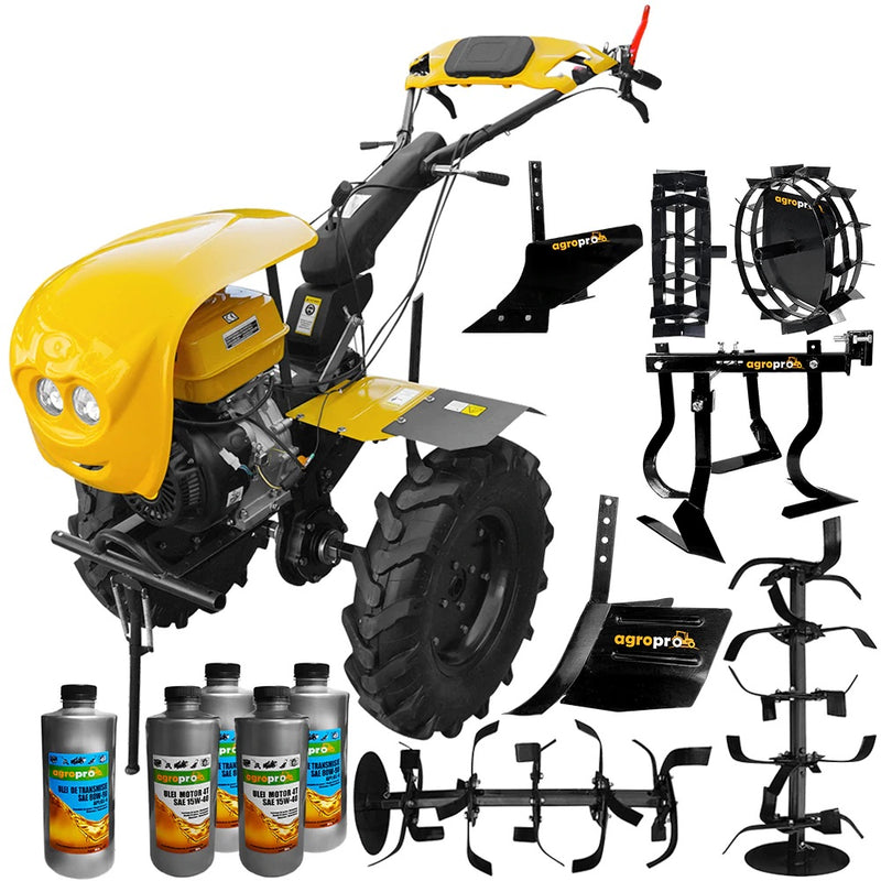 Pachet motocultor ProGarden HS 1100D motor 16CP EURO V 2+1 viteze de mers senzor de ulei pornire rapida freze roti cauciuc + roti metalice + plug arat + rarita reglabila+ cultivator + 5L ulei AgroPro
