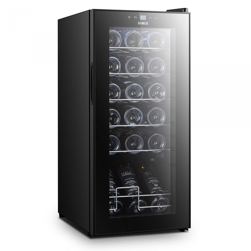 Racitor pentru vin Samus SRV55CRC 5 rafturi din metal 50 litri capacitate 18 sticle clasa G termostat reglabil racire cu compresor iluminare interioara LED control tactil cu afisaj electronic 77 x 34.5 x 45 cm