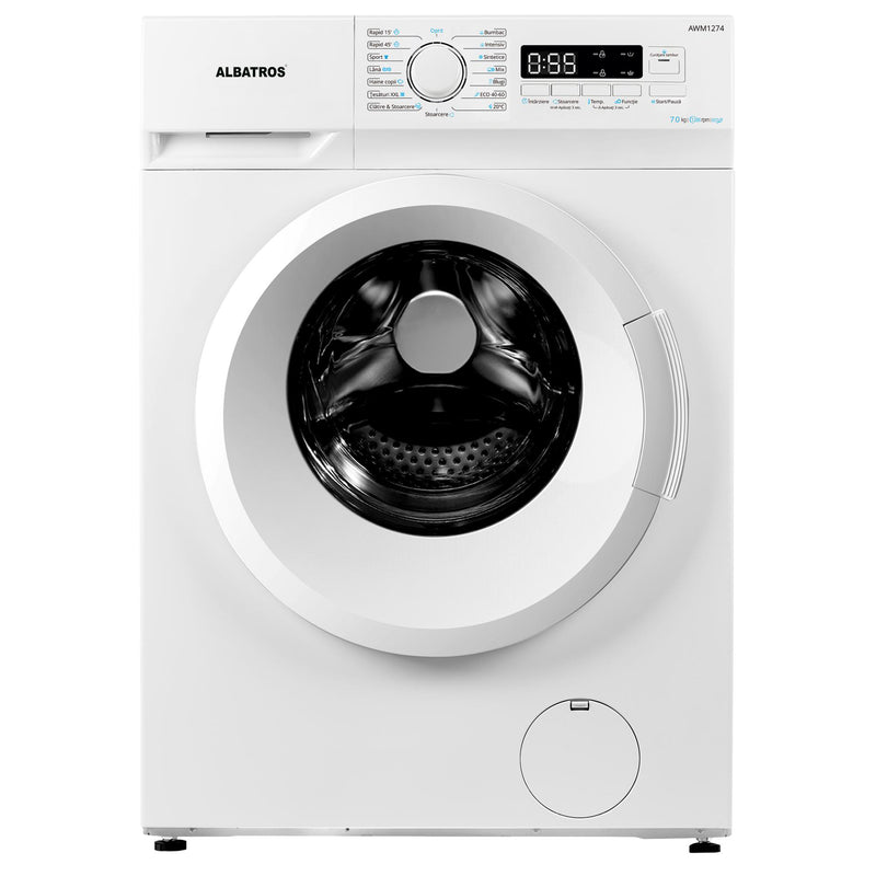 Masina de spalat rufe slim Albatros AWM1274 7 kg 1200 rpm clasa D adancime 40 program tesaturi XXL pornire intarziata control antispuma afisaj electronic blocare acces copii alb