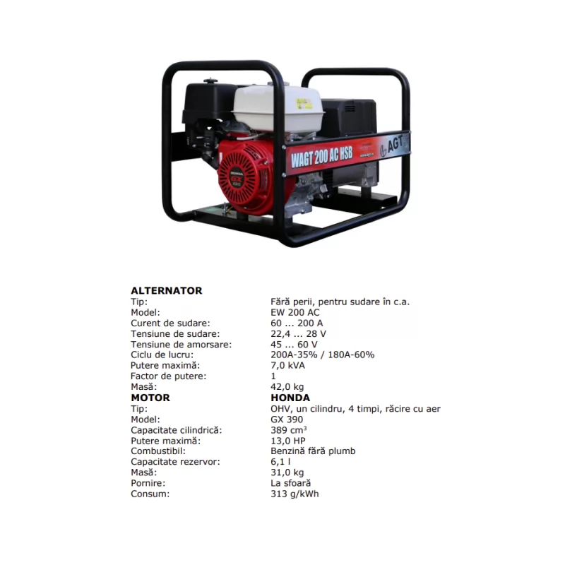 Generator curent electric WAGT 200 AC HSB R16 putere 7 kW motor Honda GX390 sudura 200A 230V benzina rezervor 6.1 L