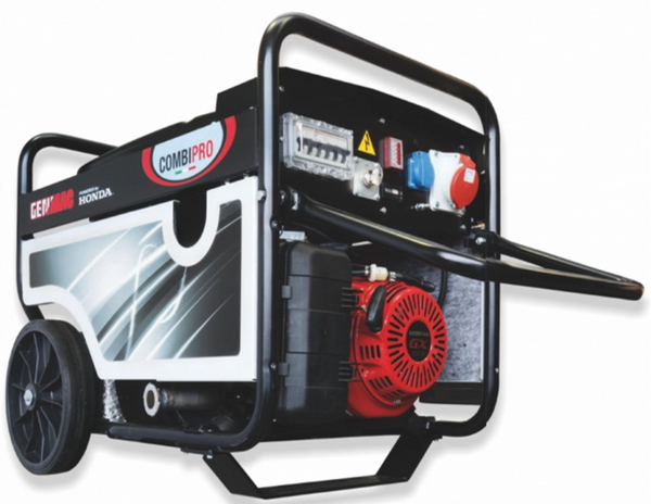 Generator de curent GENMAC CombiPro G7900HC-M putere maxima 6.4 kW/400V 2.2 kW/230V motor Honda GX390 DE benzina rezervor 25 L pornire electrica roti transport
