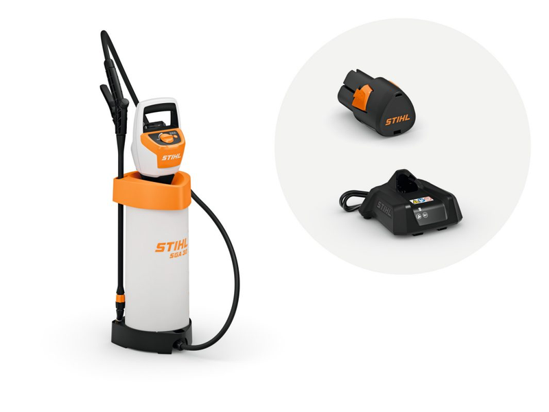 Pulverizator pe acumulator STIHL SGA 30 sistem AS debit apa 3.9 l/min presiune 2.5 bar rezervor 5 l set cu acumulator AS 2 si incarcator AL 1