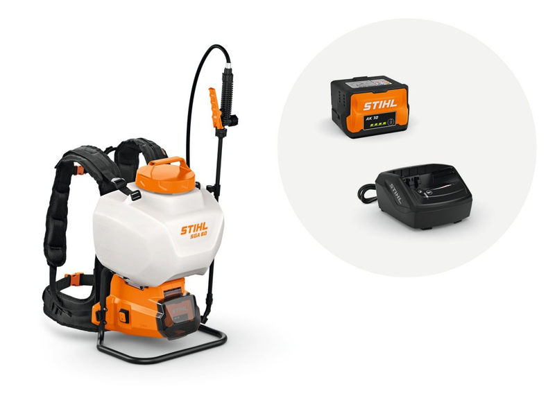 Pulverizator pe acumulator STIHL SGA 60 sistem AK debit apa 1.8 l/min presiune 4 bar rezervor 15 l set cu acumulator AK 10 si incarcator AL 101