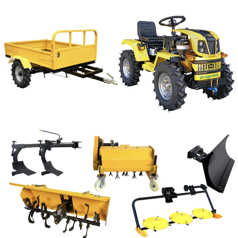 Minitractor ProGARDEN Campo T18 V25.1 4x4 18CP benzina hidraulica fata-spate roti 6.00-12 cu remorca 600 kg + freza tractata plug tocator vegetatie cositoare cu discuri si lama zapada/pietris