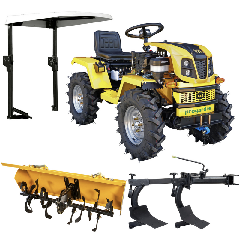 Minitractor ProGARDEN Campo T18 V25.1 4x4 18CP benzina hidraulica fata-spate roti 6.00-12 cu acoperis + freza tractata si plug cu doua brazdare