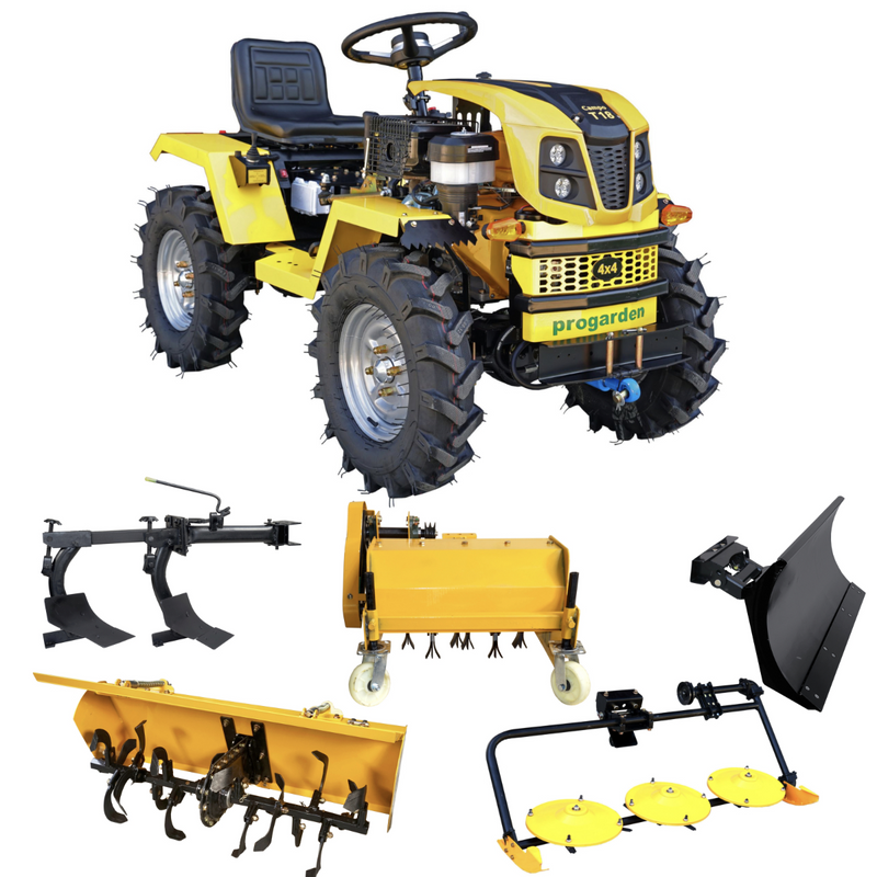 Minitractor ProGARDEN Campo T18 V25.1 4x4 18CP benzina hidraulica fata-spate roti 6.00-12 cu freza tractata plug, tocator vegetatie cositoare cu discuri si lama zapada/pietris