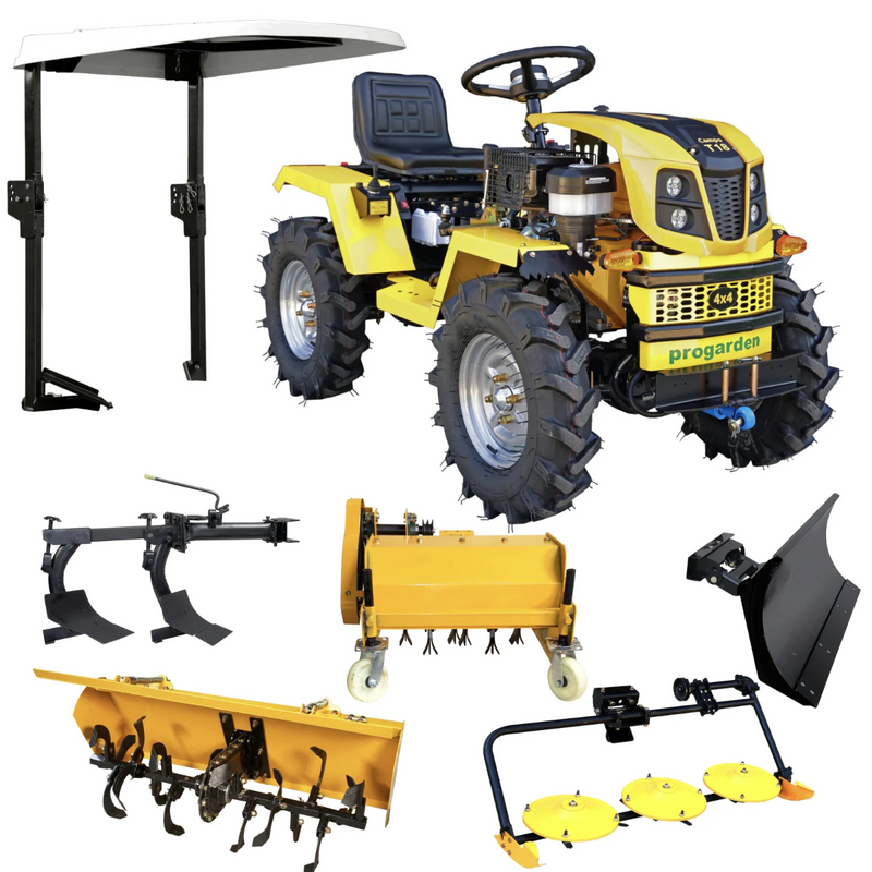 Minitractor ProGARDEN Campo T18 V25.1 4x4 18CP benzina hidraulica fata-spate roti 6.00-12 cu acoperis + freza tractata plug tocator vegetatie cositoare cu discuri si lama zapada/pietris