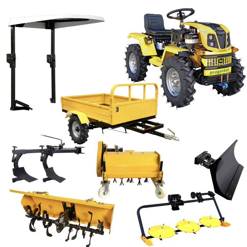 Minitractor ProGARDEN Campo T18 V25.1 4x4 18CP benzina hidraulica fata-spate roti 6.00-12 cu acoperis + remorca 600 kg freza tractata plug tocator vegetatie cositoare cu discuri si lama zapada