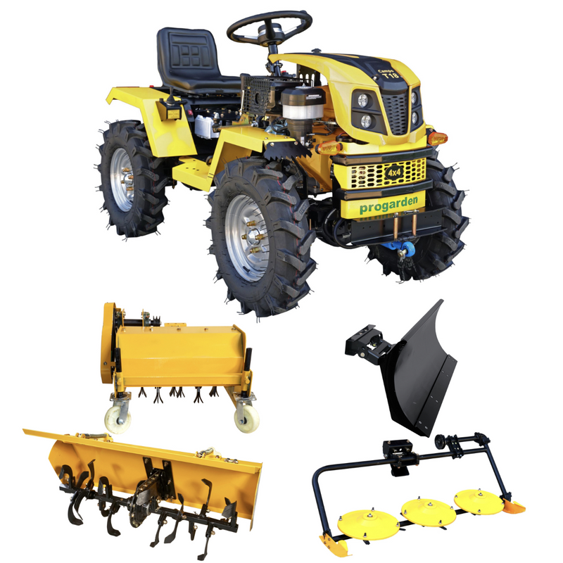 Minitractor ProGARDEN Campo T18 V25.1 4x4 18CP benzina hidraulica fata-spate roti 6.00-12 cu freza tractata tocator vegetatie cositoare cu discuri si lama zapada/pietris