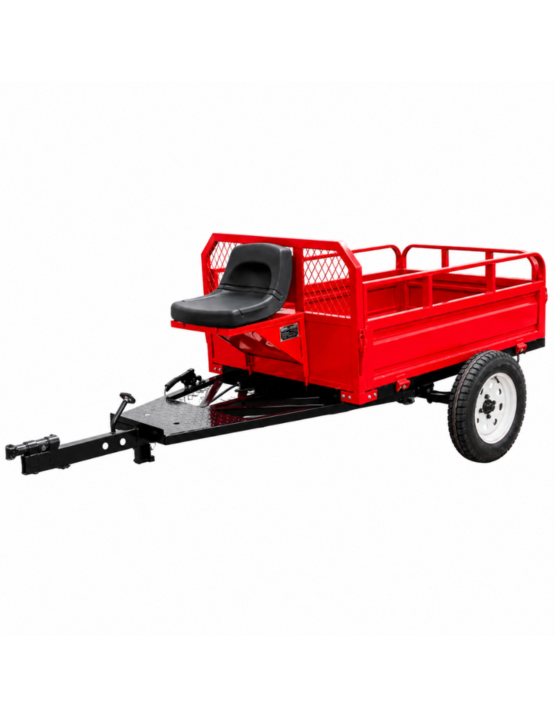 Remorca DKD 750 Premium capacitate max 750 kg roti 5.00-12" dimensiuni bena 140x100x45 cm obloane inaltate basculare scaun cu spatar din burete frana picior frana mana