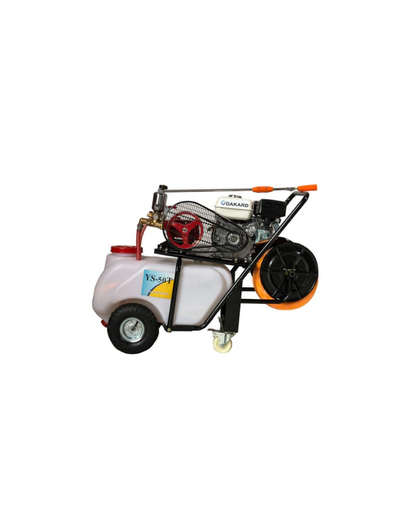 Motostropitoare pe roti DKD YS-60T motor 6.5 CP benzina rezervor 60 l debit max 26 l/min lungime furtun 50 m distanta pulverizare 10 m
