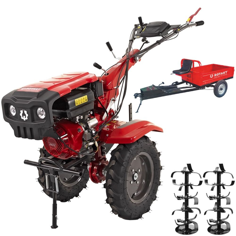 Motocultor 4x4 Rotakt Grizzly RO13RE 2-PTO motor 13CP benzina 2+1 viteze latime lucru 56-135 cm freze roti cauciuc 5.00-12" pornire electrica 2 prize de putere + Remorca Rotakt Transporter REM600 4x4 capacitate incarcare 600 kg