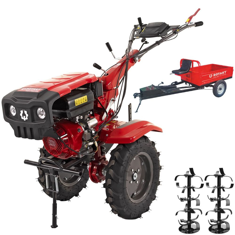 Motocultor 4x4 Rotakt Goliath RO17RE-2P motor 17CP benzina 2+1 viteze latime lucru 56-135 cm freze roti cauciuc 5.00-12" pornire electrica 2 prize de putere + Remorca Rotakt Transporter REM600 4x4 capacitate incarcare 600 kg
