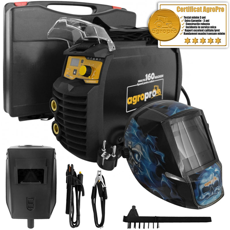 Aparat sudura multifunctional AgroPro MMA 160 Magnum inverter 160A MMA TIG VRD tehnologie IGBT masca cu cristale lichide model KM8500 AgroPro cutie transport