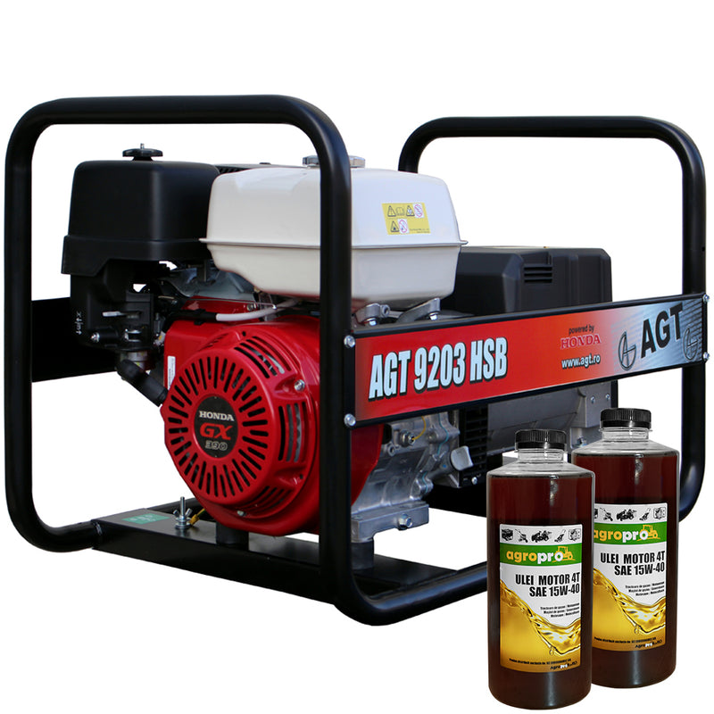 Pachet generator curent AGT 9203 HSB putere 6.8 kW 400 V benzina pornire manuala rezervor 6.1L + 2l ulei motor AgroPro