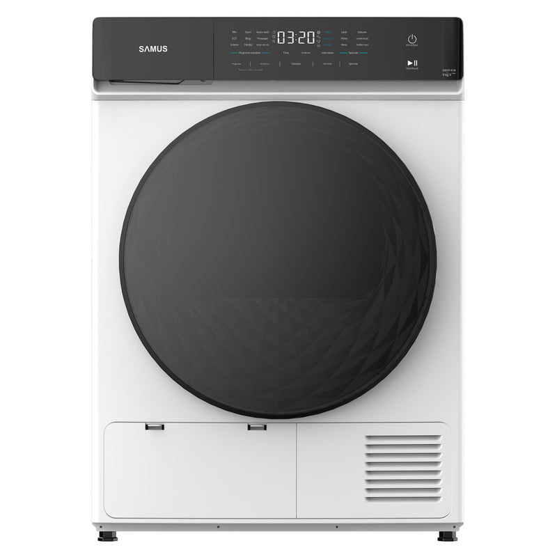 Uscator de rufe Samus SWDP-918 8 kg pompa de caldura 18 programe Clasa energetica E anti-sifonare blocare acces copii