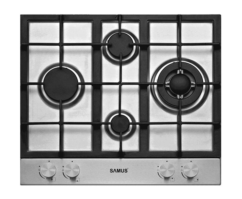 Plita pe gaz incorporabila Samus PSG-64SX6 4 arzatoare arzator Wok putere 8.6 kW aprindere electrica dispozitiv siguranta arzatoare suport inox