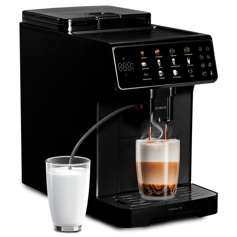 Espressor cafea Samus Sublime 19 Rasnita profesionala- 300 g 19 bari Putere 1200-1400 W Rezervor apa 2 L Sistem extractie lapte cu furtun 25 cm 10 tipuri de bauturi Multiple tipuri de reglaje