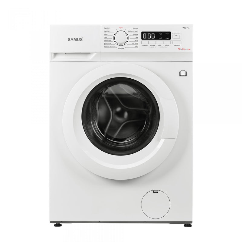 Masina de spalat rufe Samus WSL-7124 7 kg 1200 rpm clasa D adancime 40 cm afisaj electronic termostat reglabil auto-echilibrare tambur curatare tambur pornire intarziata blocare acces copii