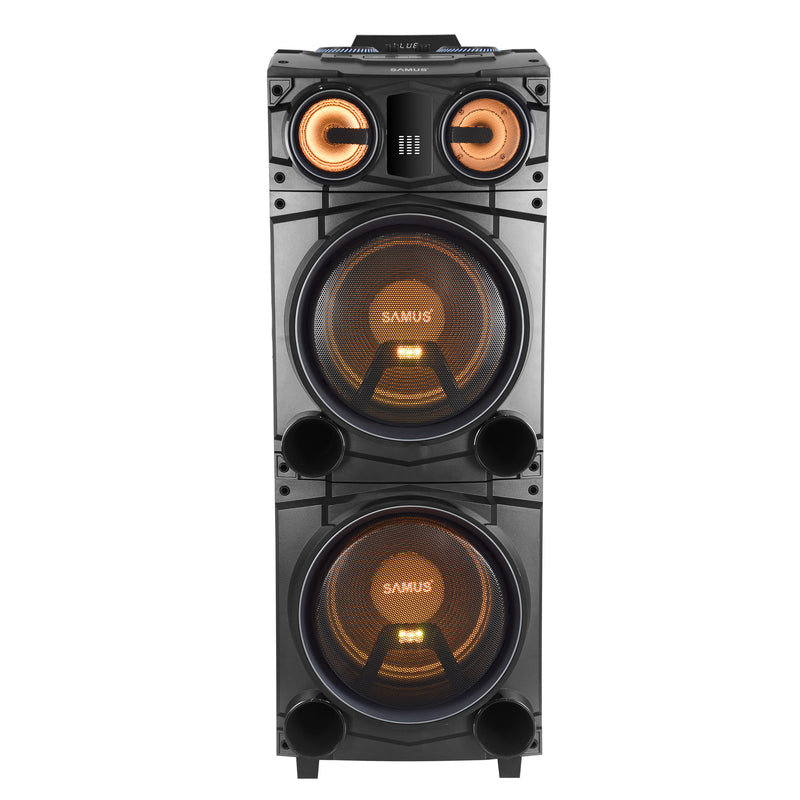 Boxa portabila Samus Fiesta 12 100 W Bluetooth USB slot card SD Aux in radio FM intrare microfon functie True Wireless Stereo negru microfon inclus telecomanda