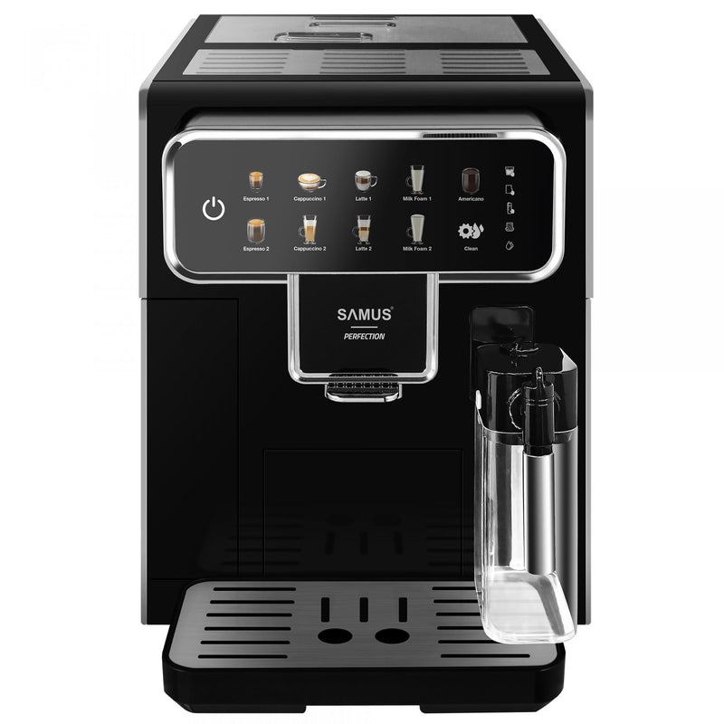 Espressor cafea Samus Perfection automat rasnita incorporata cafea boabe 15 bar 1350 W 7 bauturi automate capacitate 2.2 litri capacitate rasnita 300 g rezervor lapte 300 ml 5 nivele de macinare oprire automata protectie supraincalzire negru
