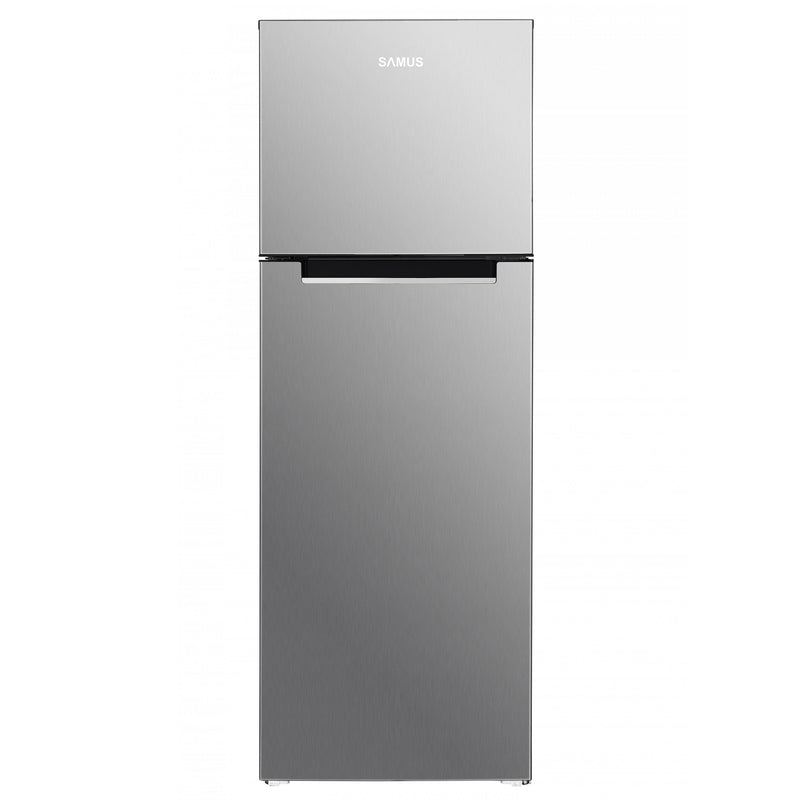 Frigider Samus SX464E cu 2 usi si 4 rafturi 304 litri clasa E argintiu inaltime 172 cm termostat reglabil usi reversibile lumina interioara tip LED picioare reglabile