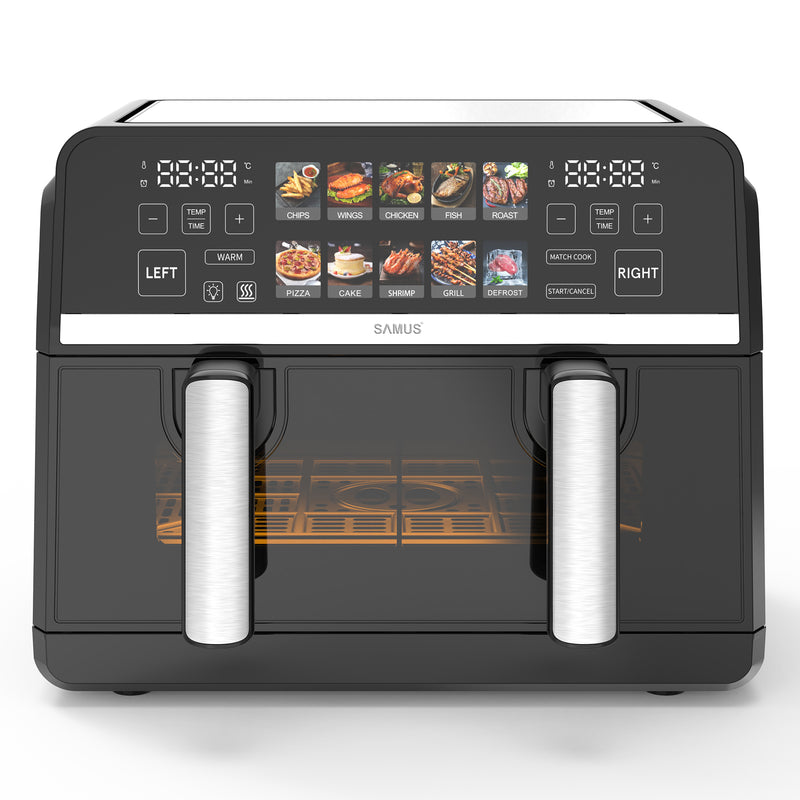 Friteuza cu aer cald Samus AF9BIG-S2500DW 2500 W 9 litri Separator compartiment detasabil Afisaj electronic color Touch Control Timer 10 programe Tehnologia Fry-Force 360°
