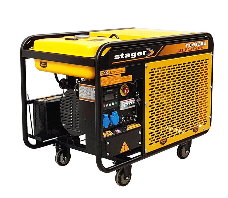 Generator curent Stager YDE12E3 putere 9.6 kW 400V diesel pornire electrica open frame roti transport