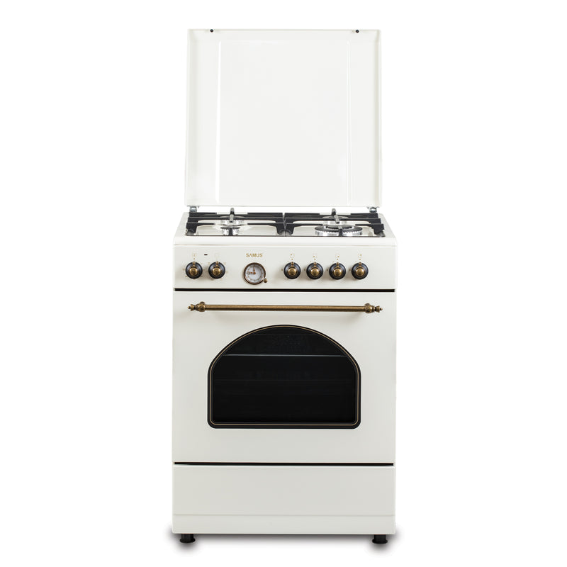 Aragaz electric / gaz rustic Samus SR660EL1CW 4 arzatoare pe gaz cuptor electric 56 litri 6 functii grill ventilator timer aprindere electrica dispozitiv siguranta arzatoare latime 59.8 cm