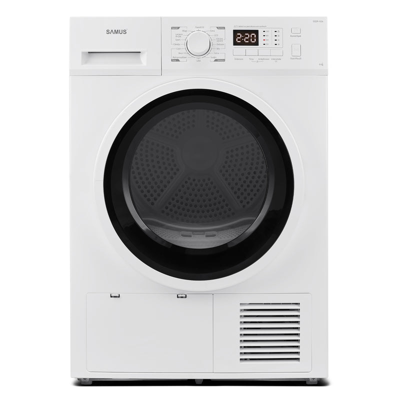 Uscator de rufe Samus SGDP-924 pompa de caldura 9 kg clasa D latime 60 cm memorare program favorit functie Antisifonare blocare acces copii optiune pornire intarziata