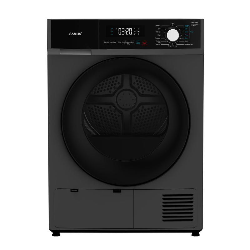 Uscator de rufe Samus SWDP-817DS pompa de caldura 8 kg clasa E latime 59.8 cm functie Antisifonare blocare acces copii optiune pornire intarziata