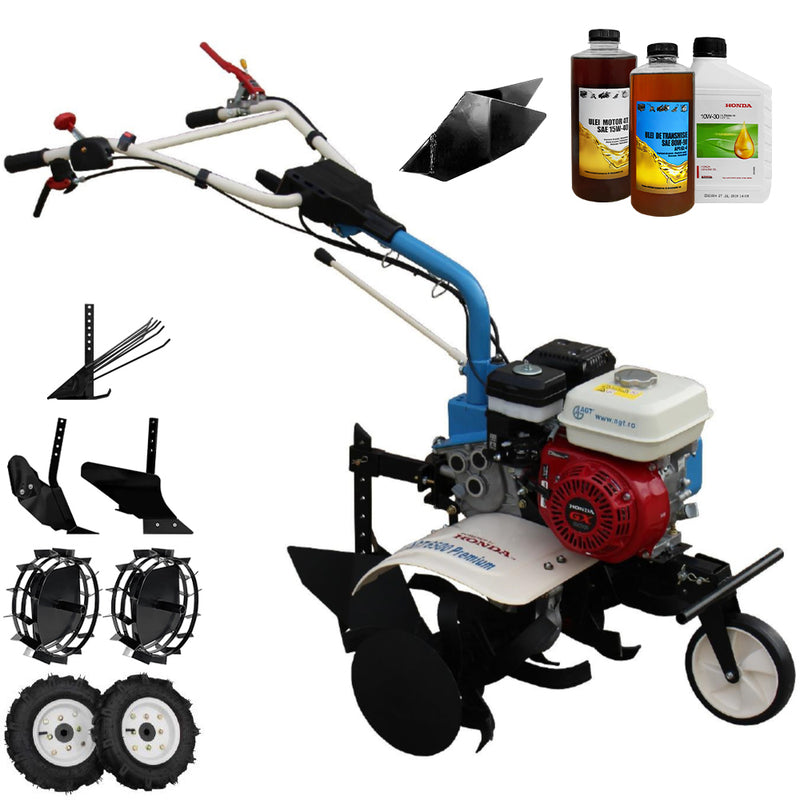 Motosapa AGT 6500 PREMIUM motor Honda GX160 5.5 CP latime lucru 80 cm 2+1 viteze freze rarita fixa roti cauciuc 4.00-8 roti metal plug arat rarita reglabila plug cartofi 2.6l ulei