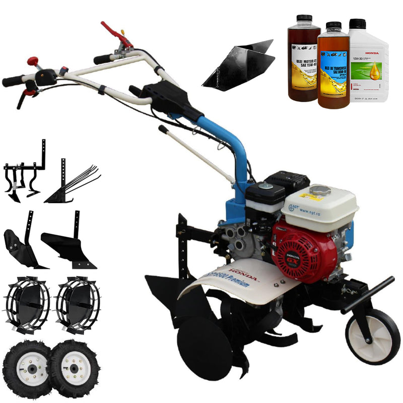 Motosapa AGT 6500 PREMIUM motor Honda GX160 5.5 CP latime lucru 80 cm 2+1 viteze freze rarita fixa roti cauciuc 4.00-8 roti metal plug arat rarita reglabila plug cartofi cultivator 2.6l ulei